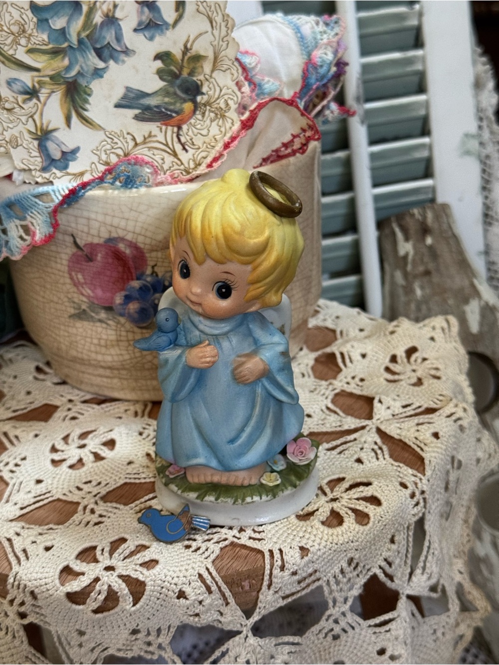 Vintage Blue and Blonde Angel Figurine With Bluebird Vintage Pin